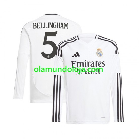 Camisola Real Madrid Jude Bellingham 5 Homem Equipamento Primeiro 2024-2025 Manga Comprida